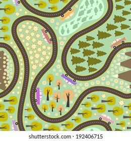 Seamless pattern with road, colorful cars and beautiful nature around. Road trip pattern. Trees, mountains, lake and lots of flowers on the background made in vector. 