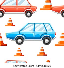 Seamless pattern. Road cones, blue and red car. Flat vector illustration on white background.