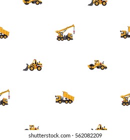 Seamless pattern with road roller, bulldozer, dumper truck, truck crane. Inspired by road, building machinery. Vector background for decoration children's room, invitations, website, mobile app.