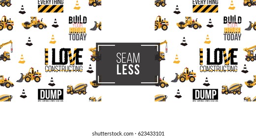 Seamless pattern with road roller, bulldozer, concrete hauler, trucks, crane, inscriptions. Inspired by variety of road, building machinery.