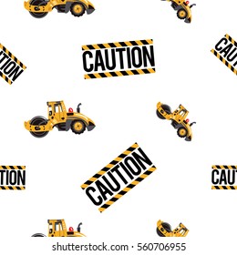 Seamless pattern with road roller and caution sign. Inspired by variety of road, building machinery. Vector background for decoration for children's room, invitations, website, mobile app.