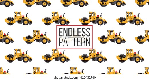 Seamless pattern with road roller. Inspired by variety of road, building machinery. Vector background for decoration for children's room, invitations, website, mobile app.