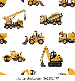 Seamless pattern with road roller, tractor backhoe loader, bulldozer, garbage truck, concrete hauler, dumper truck, crawler excavator, truck crane. Inspired by building machinery.