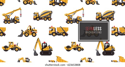 Seamless pattern with road roller, tractor backhoe loader, bulldozer, garbage truck, concrete hauler, dumper truck, crawler excavator, truck crane. Inspired by variety of road, building machinery.