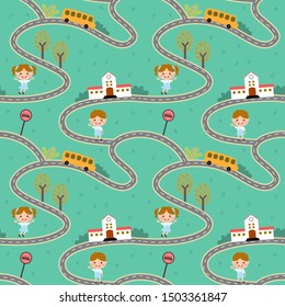 Seamless pattern road to school on green background.