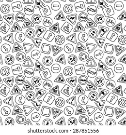 Seamless pattern of road signs. Vector black and white background in cartoon style. Can be used for children wallpapers, web site background or wrapping paper.