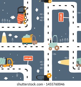 Seamless pattern with road, truck and tractor. Cool kids print for carpet or nursery textile. Vector hand drawn illustration.