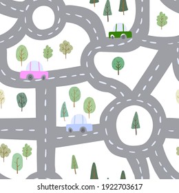 Seamless pattern with roads and cars
