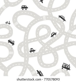 Seamless pattern with roads and cars