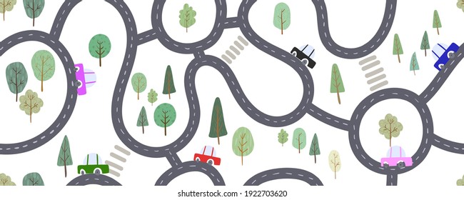 Seamless pattern with roads and cars, trees and forest, childish illustration vector