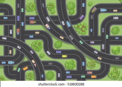 Seamless pattern. Roads and transport. (Top view) 
Vector illustration. Crossroads with flyovers. (View from above)