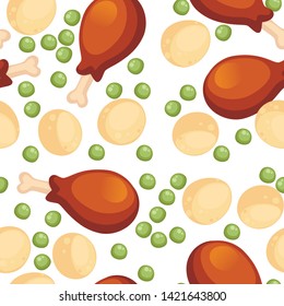 Seamless pattern of roasted chicken legs boiled potatoes and peas flat vector illustration ingredients for dish on white background