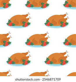 
Seamless Pattern. Roasted chicken or turkey on plate with mistletoe. Christmas Food. Winter holidays Dish. Vector flat illustration.