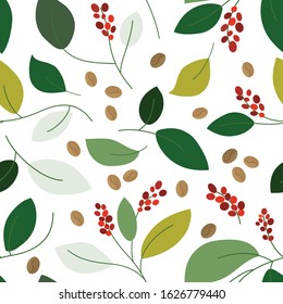 Seamless pattern with roasted coffee beans and branch of plant with leaves and berry. Background illustration for specialty coffee house or shop. Can use for textile, package, paper, flyer, wrapping. 