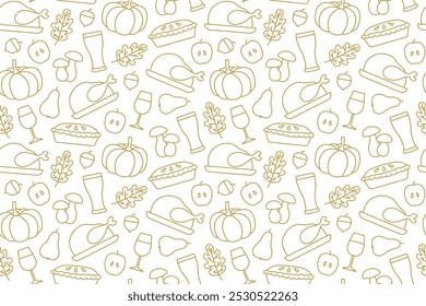 seamless pattern with roasted turkey, acorn, pear, apple, beer, wine, mushroom, apple pie, pumpkin, oak leaf icons- vector illustration