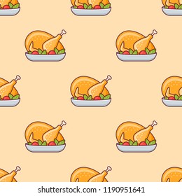 Seamless pattern with roasted turkey or chicken on yellow background. Vector texture.