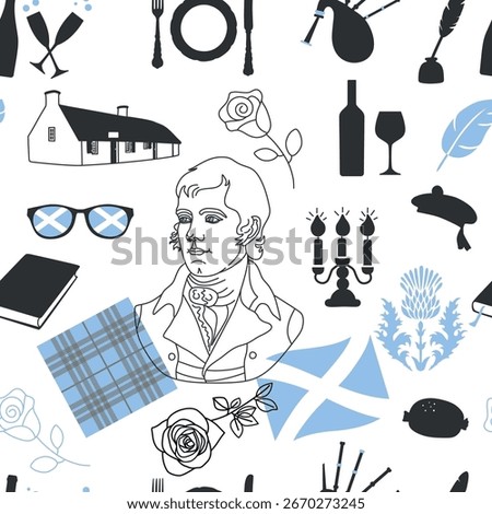 Seamless pattern Robert Burns Night 25th January, United Kingdom Scotland flags. Vector vintage invitation illustration