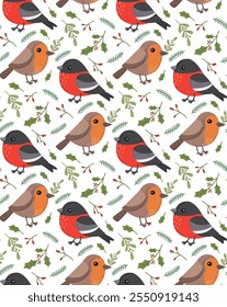 Padrão sem emenda com pássaro robin, bullfinch e plantas de natal. Fundo colorido com pássaros de inverno bonitos e ramos de pinho e visco