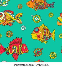 Seamless pattern robot fish painted by hand in vector