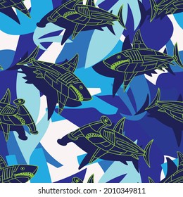 Seamless pattern of a robot shark and abstract blue background elements