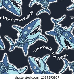 Seamless pattern of a robot shark and palm trees in the background elements. Pattern work for children's swimming shorts.