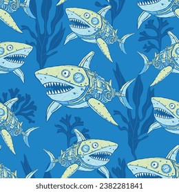 Seamless pattern of a Robot shark and sea plants. Pattern work for children's swimming shorts.