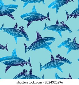 Seamless pattern of a robot sharks background elements