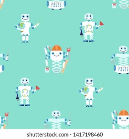 Seamless pattern with robots assistent. Design for children's textiles, toys, packaging, poster. Flat Art Vector illustration