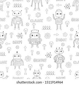 Seamless pattern with robots, bolts and nuts on white background.