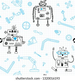 Seamless pattern with Robots and details for construction Robotics. Vector illustration.