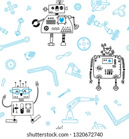 Seamless pattern with Robots and details for construction Robotics. Vector illustration.