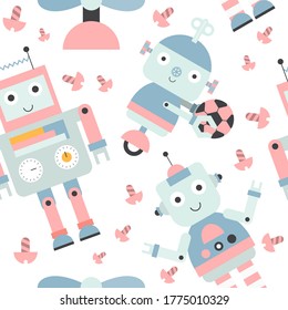 Seamless pattern with robots footballers in flat style. White background. Vector Illustration. Kids poster for nursery design. Great for baby textile, clothing, wrapping paper.