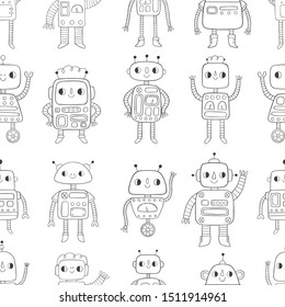 Seamless pattern with robots on white background.