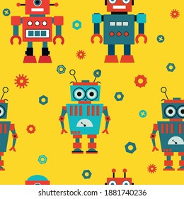 Seamless pattern with robots on yellow background.  Vector illustration. 