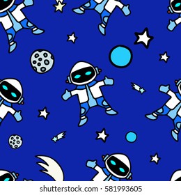 Seamless pattern with robots, planets, stars and comets