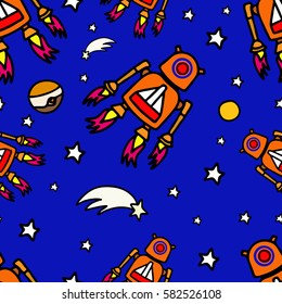 Seamless pattern with robots, planets, stars and comets