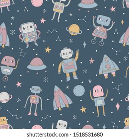 Seamless pattern with robots, rockets, planets and stars on dark background.