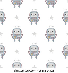 Seamless pattern with robots and stars on white background.