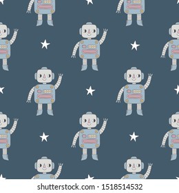 Seamless pattern with robots and stars on black background.