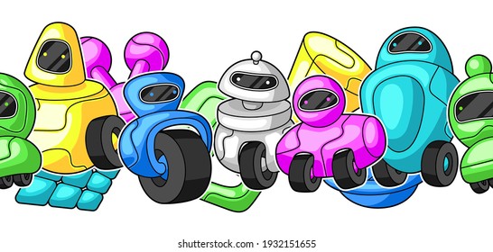 Seamless pattern with robots. Teenage creative background. Trendy characters in modern cartoon style.