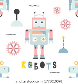 Seamless pattern with robots and tools in flat style. White background. Vector Illustration. Kids poster for nursery design. Great for baby textile, clothing, wrapping paper.
