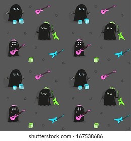 Seamless pattern with rock band of cute aliens