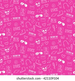 Seamless Pattern With Rock And Emo Music Teen Elements. Vector Illustration