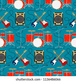 Seamless pattern with rock music instruments. Drums, electric guitars, microphone and loud speakers on blue background