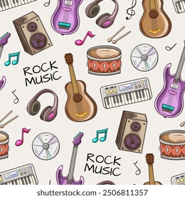 Seamless pattern with rock music instruments, guitar, drum and headphones. Hand drawn vector musical background