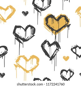 Seamless pattern rock n roll grunge style hearts tags on white background. Hand drawn grunge hearts endless bafground