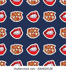 Seamless pattern with "Rock on" stickers and mouths showing teeth. Pop art style background. Modern wallpaper for textiles, fabrics, wrapping papers, etc.