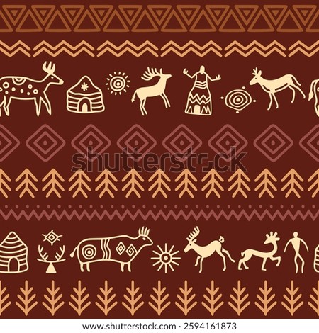 Seamless pattern, rock paintings, naive art, petroglyph pattern, ethnic background, vector design