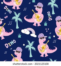 Seamless pattern rock pink dinosaur with guitar vector illustration on blue background decorate rainbow,star and music note.vector.