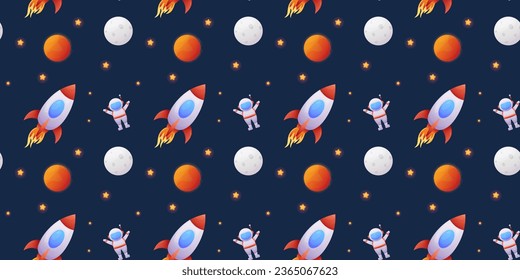 patrón ininterrumpido de cohete, astronauta, planetas, estrellas de fondo azul. ilustración vectorial. Tejidos decorativos, papel envolvente, papel pintado, cubiertas